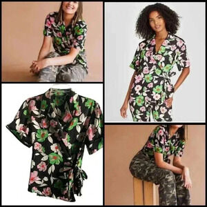 Who What Wear Flora Print Tie Front Cuff Sleeve Figure Flattering Wrap Top XS